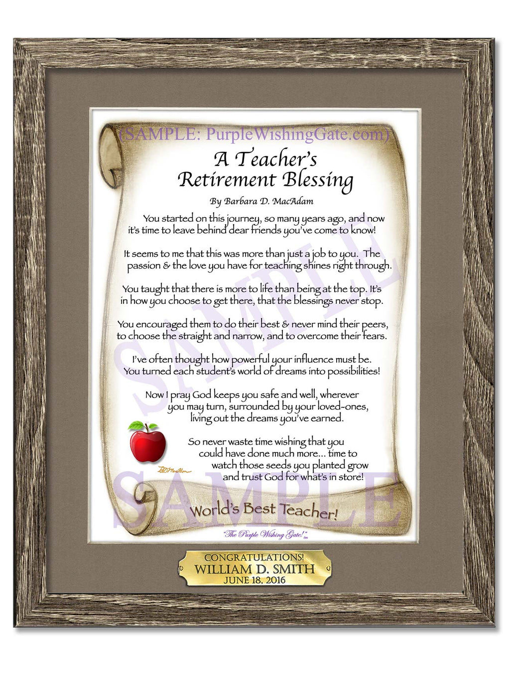 A Teacher's Retirement Blessing: Apple Scroll / 8x10 w/Nameplate / 8x10 Birchwood
