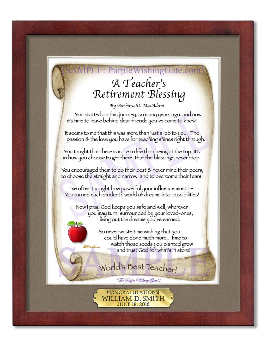 A Teacher's Retirement Blessing: Apple Scroll / 8x10 w/Nameplate / 8x10 Classic Walnut
