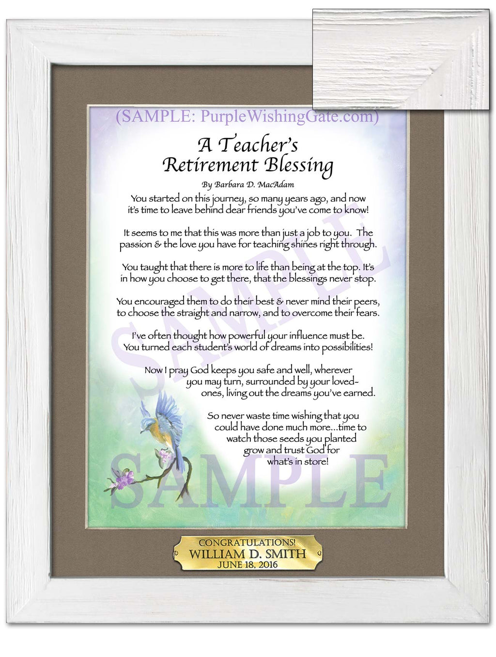 A Teacher's Retirement Blessing: Bluebird / 8x10 w/Nameplate / 8x10 White Wash
