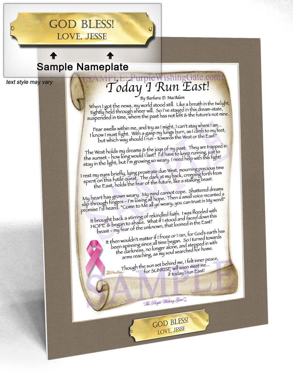 Today I Run East | Prayer of Hope: Sepia Scroll w/ Pink Ribbon / 8x10 w/Nameplate
