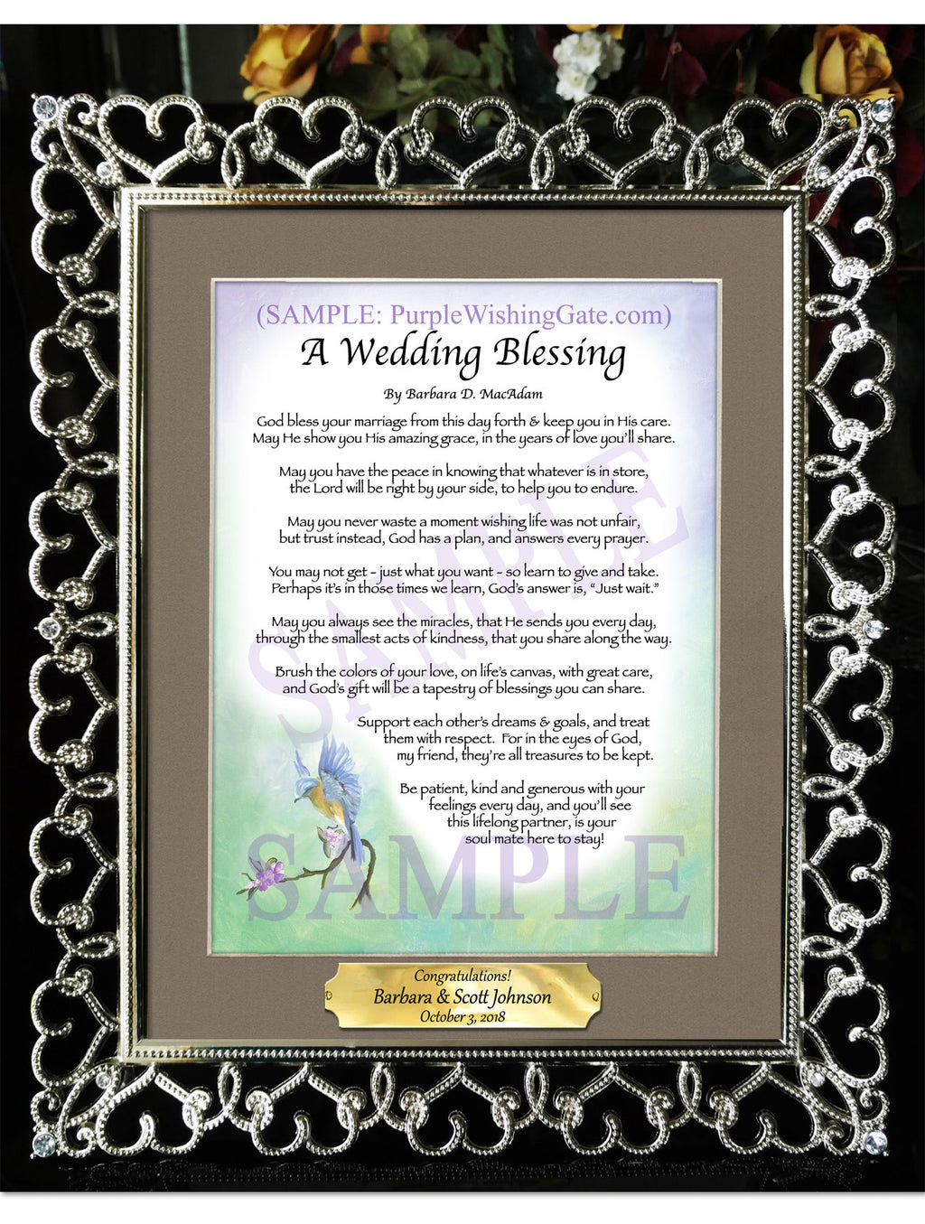 A Wedding Blessing: Bluebird / 8x10 w/Nameplate / 8x10 Crystal-Silver Hearts
