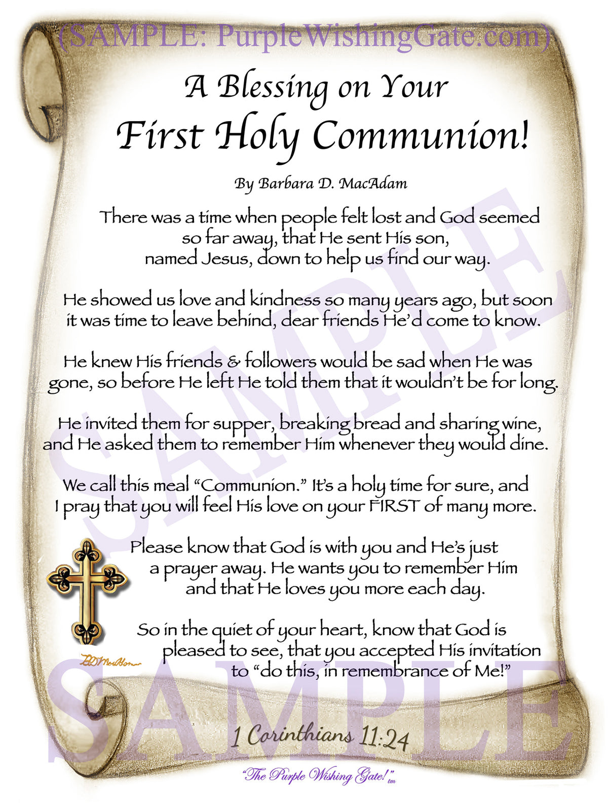 A Blessing on Your First Holy Communion poem on Scroll with Cross artwork.